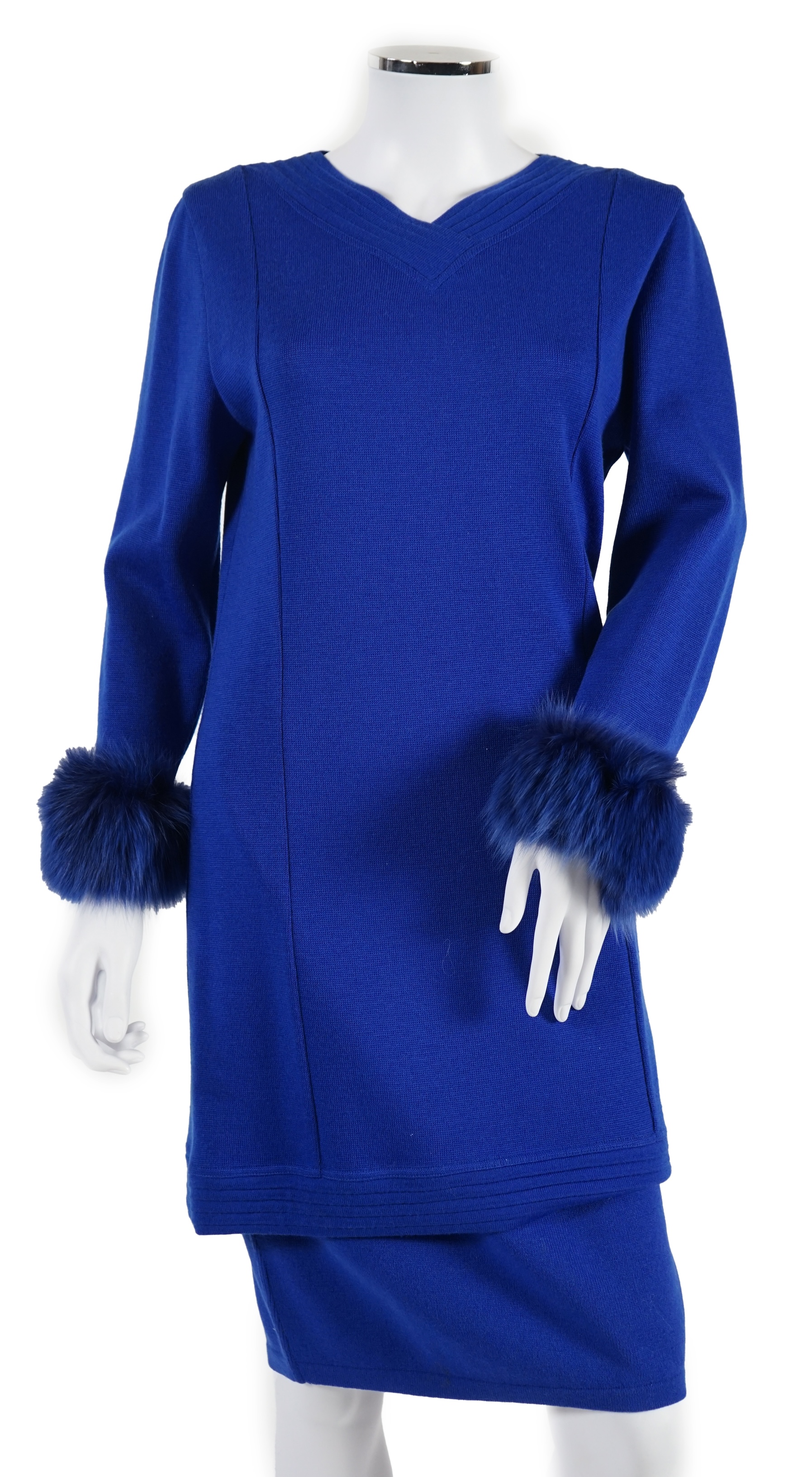 A Vera da Pozzo knitted royal blue suit with fur detail, knitted dress with fur cuffs and additional knitted skirt. Approx size 10-12 Proceeds to Happy Paws Puppy Rescue